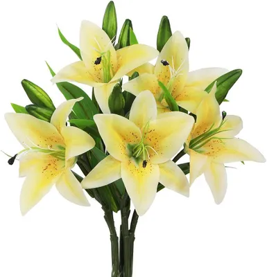 Produktbild von 5er-Pack künstliche Lilien, täuschend echt wirkend, für Hochzeiten, Zuhause, Partys, Garten, Geschäfte und Büros. Farbe: Gelb.
