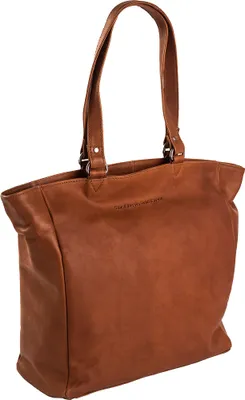 A brown leather tote bag is shown against a white background.