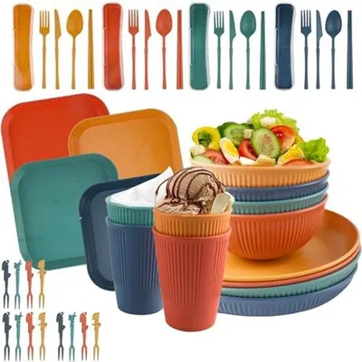 Produktbild von Ultiluxe Camping Geschirrset - 36-teilig - Picknick Geschirr - Camping Besteck Set - 4 Personen - BPA-frei - Wiederverwendbar