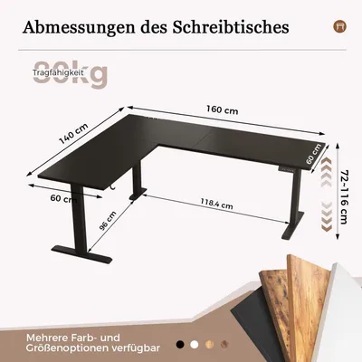 Zdjęcie produktu dla Biurko w kształcie litery L - Ergonomiczne biurko - Biurko z elektryczną regulacją wysokości - Biurko narożne