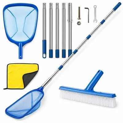 Image de Kit d'entretien pour piscine avec brosse télescopique - 220 cm - Outil de nettoyage pour piscine - Brosse pour piscine avec manche télescopique réglable