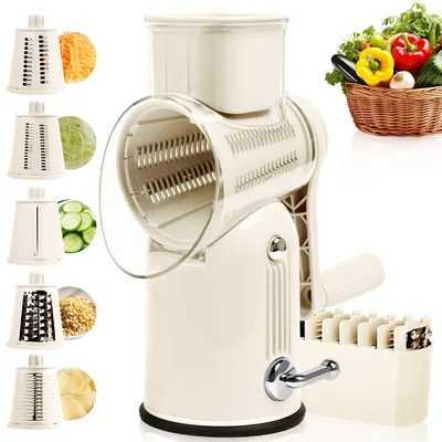 Produktbild von Drehbarer Käsereiber mit Griff, Gemüseschneider mit 5 austauschbaren Klingen,Küchenhobel und Zerkleinerer, geeignet für Obst, Gemüse, Nüsse, inkl