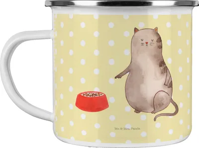 Produktbild von Mr. & Mrs. Panda Teetasse Katze Fressen - Gelb Pastell - Geschenk, Teebecher, Emaille Becher, Haferl, Tasse, Pott