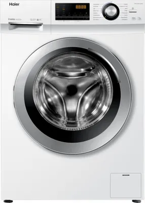 A front view of a white Haier washing machine.