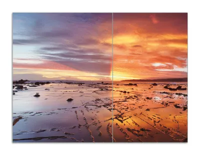 Produktbild von Wallario Herdabdeckplatte aus Glas, Größe 70 x 52 cm 2-teilig, Motiv Wattwanderung am Meer bei Sonnenuntergang