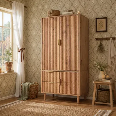 Produktbild von Kleiderschrank 80x50x177cm, Eichenoptik, 3D-Rillen, 3 Türen, 2 Schubladen, Kleiderstange. Schwarz