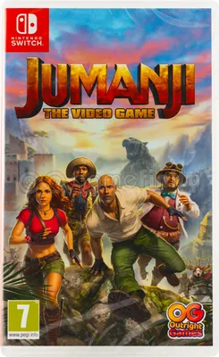 The cover art for the Nintendo Switch game Jumanji: The Video Game, featuring the main characters in an adventurous jungle setting.