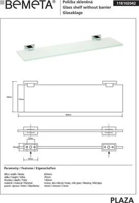 Immagine prodotto di Mensola, ripiano in vetro PLAZA 14x52x3,5 cm BEMETA