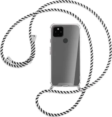 Produktbild von Handykette Backcover-Schutzhülle mit Band (Metall silberfarben) für Google Pixel 4a 5G - schwarz/weiß gestreift