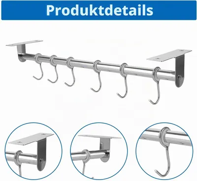 Obrázok produktu pre 2 kusy závesnej lišty do kuchyne, držiak na kuchynské náčinie s 6 háčikmi, nerezová oceľ