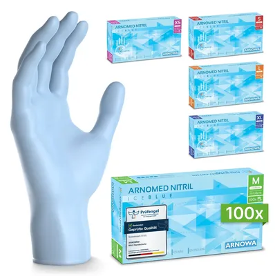 Produktbild von ARNOMED Nitril Handschuhe in Hellblau, bunt und strapazierfähig, Größe M | Box (100 Stück)
