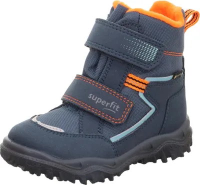 A single blue and orange children's boot is shown against a white background.