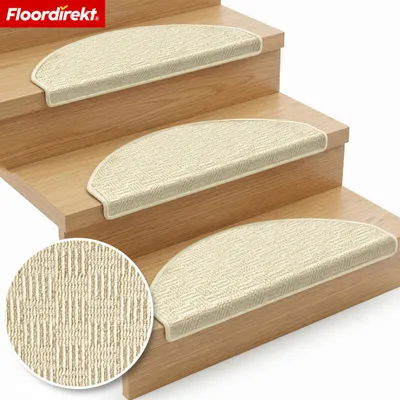 Image de Tapis d'escalier Floordirekt Monaco, tapis de protection d'escalier semi-circulaire, insonorisant, autocollant et résistant, couleur crème, lot de 15