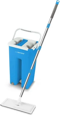 A blue mop bucket with a silver and gray mop standing next to it, on a white background.