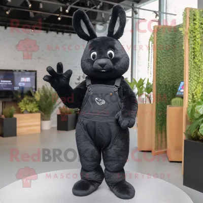 Produktbild von Schwarzer REDBROKOLY Hase als Maskottchen kostüm gekleidet in Jeans und Handschuhen