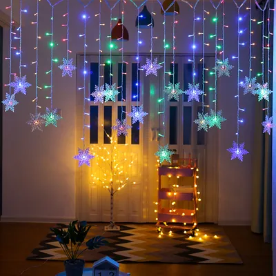 Produktbild von LED Schneeflocke Lichterkette Bunt Lichtervorhang 8 Lichtmodi Innen Außen Garten Fenster Weihnachten Beleuchtung