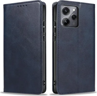 A dark blue flip phone case for a Xiaomi Redmi 12 is shown from two angles, open and closed.