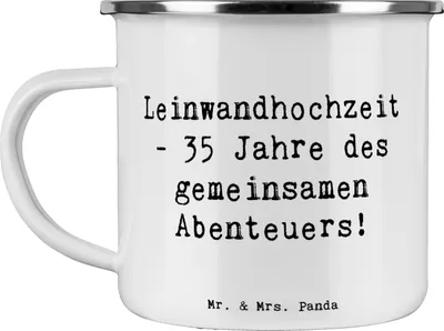 Produktbild von Mr. & Mrs. Panda Teetasse Spruch 35. Hochzeitstag Leinwandhochzeit - Weiß - Geschenk, Heiraten, Pott, becher emaille, Geschenke, Blechtasse, handgefertigte Produkte