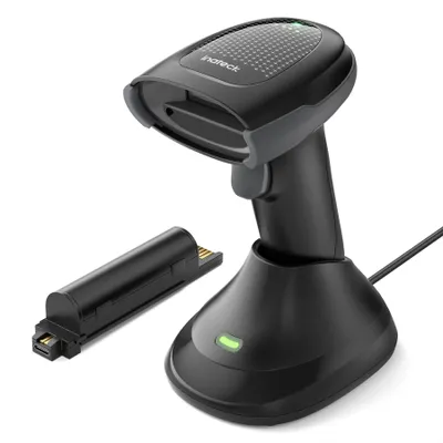 Produktbild von Inateck Barcode Scanner Kabellos 2D PDF417, QR Code Scanner mit 2 x 2000mAh Austauschbaren Akkus, mit Ladestation, mit Bluetooth und Kabel USB, Kompatibel Android iOS, für Lagerhaltung und Logistik