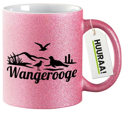 Produktbild von Huuraa Glitzertasse Wangerooge Strandmotiv 330ml Pink Keramik Kaffeebecher Geschenkidee