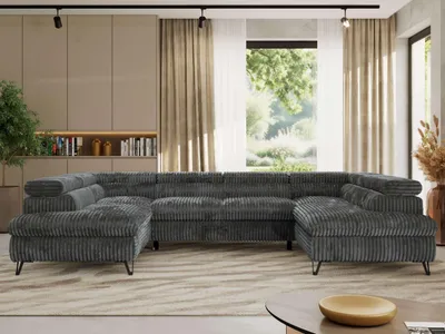 Produktbild von Ecksofa mit Schlaffunktion, Bettkasten, U-form, einstellbare Kopfstützen, Wohnzimmersofa - PABLO U - Cord - Grau