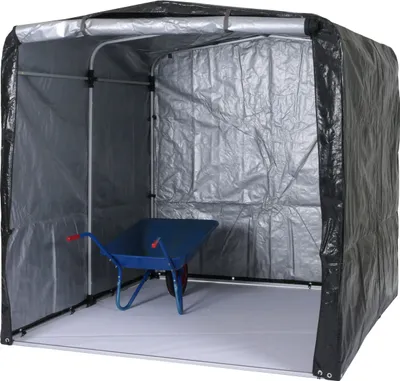 A blue wheelbarrow is inside a grey and black tarp shed.