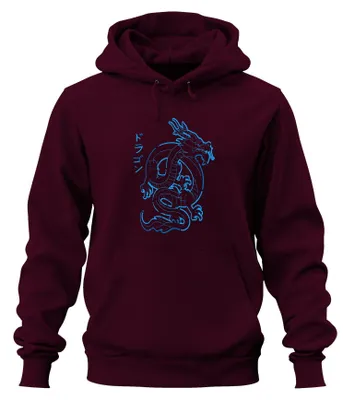 Produktbild von Japanischer Drache Neon Blau Katakana ドラゴン Cyberpunk Hoodie Kapuzenpullover, Burgundy, XXL