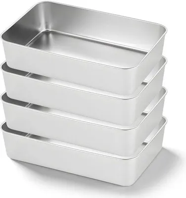 Zdjęcie produktu dla Zestaw 4 prostokątnych form do pieczenia ze stali nierdzewnej, wymiary 33 x 15 x 6,5 cm – przeznaczone do kontaktu z żywnością, bez powłoki, odporne na temperaturę do 230°C, można myć w zmywarce