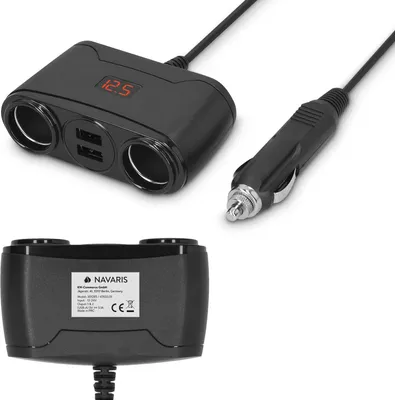 Produktbild von Navaris KFZ Zigarettenanzünder Verteiler 12V/24V Steckdose - mit 2x USB A Charger Buchse Spannungsanzeige - Zigaretten Anzünder Doppelsteckdose Auto