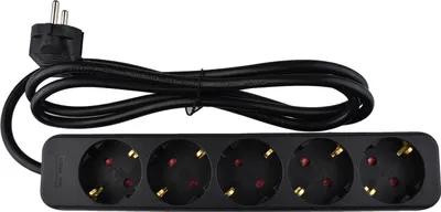 A black power strip with five outlets and a black power cord is shown against a white background.