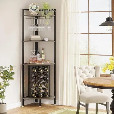 Imagen del producto de Estantería para vinos de pie, estante de esquina de 4 niveles con soporte para copas y almacenamiento para vinos, mueble de bar industrial para bar, cocina o comedor, color gris