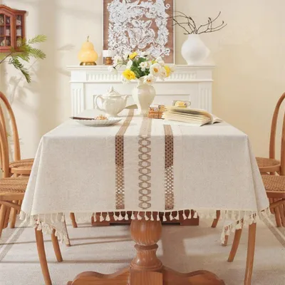Produktbild von Tischdecke abwaschbar Baumwolle Leinen rechteckig wasserdicht mit Quasten 140x300cm Beige