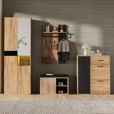 Produktbild von Flieks 4-teiliges Set Garderobenset mit Kleiderschrank, Schuhschrank, Schuhbank und Garderobe, Wandgarderobe, Flurgarderobe Set, Natur+Schwarz