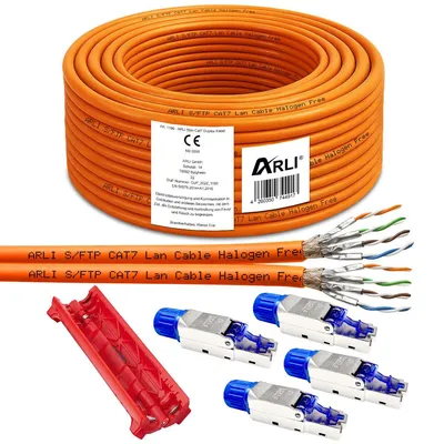 Produktbild von ARLI 50 m Duplex Cat7 Verlegekabel S/FTP LSZH PIMF + 4x RJ45 Cat8.1 Stecker werkzeuglos + Kabelmesser Netzwerkkabel Orange