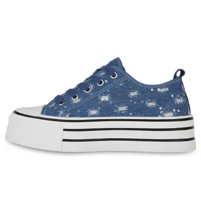 Produktbild von VAN HILL Damen Plateau Sneaker Denim Schnürer Pailletten Glitzer Schuhe 840981, Farbe: Blau Denim, Größe: 37