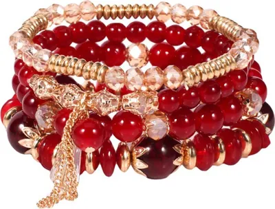 Produktbild von 4 Teile/satz Boho Faux Achat Perle Quaste Kette Charm Perlen Armband Frauen Schmuck-Rot