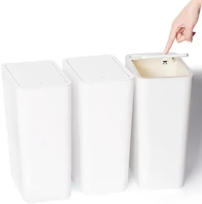 Produktbild von PromoHome® Set von 3 kleinen Abfalleimern mit Druckdeckel, 10 Liter, schmal, für Bad, Küche, Büro