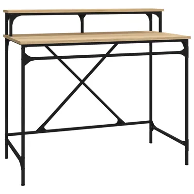 A product shot of a desk with a shelf.