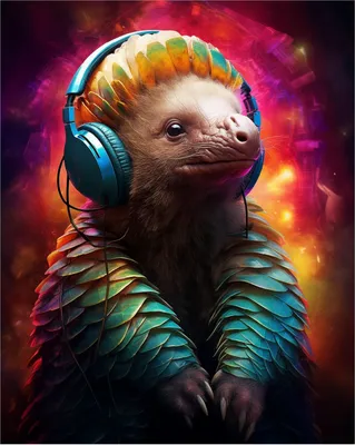 Produktbild von Wallario Poster - Schuppentier mit Kopfhörern, Kunstdruck Größe: 40 x 50 cm