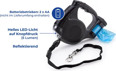 A black retractable dog leash with a built-in LED light and a dispenser for waste bags.