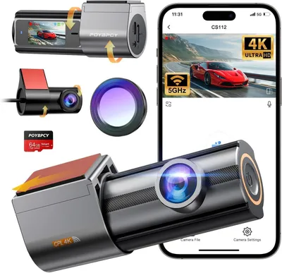 Imagen del producto de Cámara de tablero para coche 4K+1080P, con cámara frontal y trasera, tarjeta SD de 64 GB, WiFi, lente gran angular de 170°, visión nocturna, monitor de estacionamiento, color