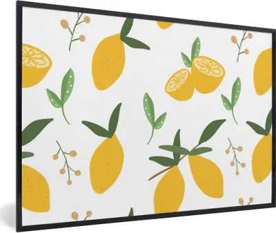 Produktbild von MuchoWow® MuchoWow® Gerahmtes Poster Zitronen - Muster - Weiß - Abstrakt 60x40 cm - Poster mit zchwarzem Bilderrahmen - Printing - Wanddeko Schlafzimmer