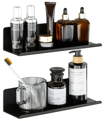 Image de Étagère murale, à fixer avec ou sans perçage, noire, lot de 2, 30 cm, autocollante, pour les murs, salon, chambre, cuisine