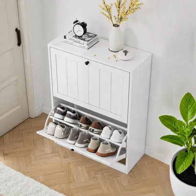 Produktbild von 60 cm Schuhschrank mit 2 Klappfächern – Moderner Kipp-Schuhkipper für Flur & Eingangsbereich, Platzsparendes Design, Weiß
