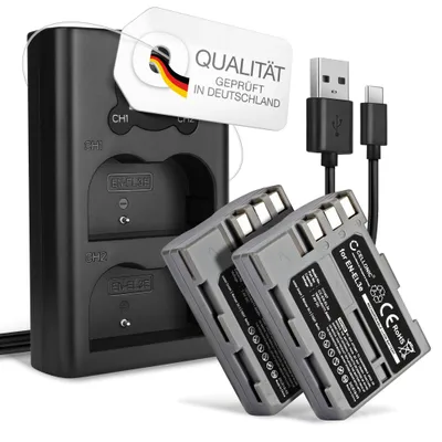 Produktbild von CELLONIC 2x Akku für Kamera Kompatibel mit Nikon D700, D90, D200, EN-EL3e - (1600mAh, 7.4V) + Dual Ladegerät
