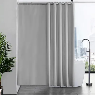 Produktbild von Extra langer Duschvorhang für Badezimmer, schimmelresistenter Duschvorhang für Badewannen und Duschen, antibakteriell und waschbar mit 12 Duschringen, extra groß, grau, 200 x 200 cm.