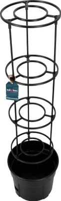 A black metal tomato tower plant support with a black plastic pot base, shown against a white background.