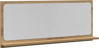 A mirror with a shelf attached, set against a white background.