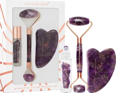 Obrázek produktu pro CRYSTALLOVE Ametystová kosmetická sada: váleček na obličej + gua sha destička + roll-on lahvička