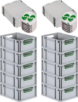 Produktbild von SuperSparSet 10x Eurobox NextGen Color mit Auflagedeckel und Schiebeschnappverschlüsse | HxBxT 17x30x40cm | 16 Liter | Grau | Griffe grün offen | Glatter Boden | Eurobehälter, Transportbox, Transportbehälter, Stapelbehälter
